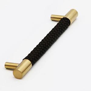 Modern Simple Solid Brass Cabinet Handle with Black/Brown Twined Leather Kitchen Cabinet Handles and Knobs Leather T Bar Drawer Pulls