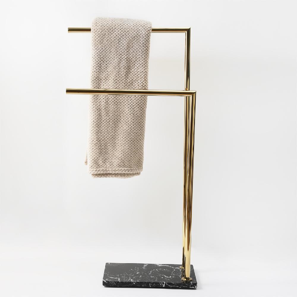 Free Stand Floor Towel Rack Double Rail Golden Brass Rack Real Marble Base Towel Holder Bathroom Hardware Luxury Bathroom Decor