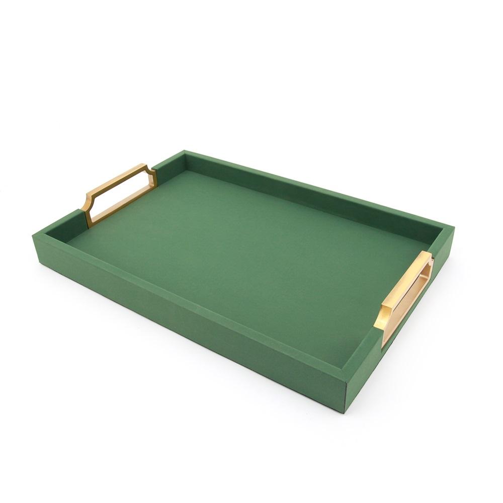 Maxery Decorative Jewelry Storage Serving Tray, Luxury Leather&Stainless Steel Table Tray, Green Leather Home Tray